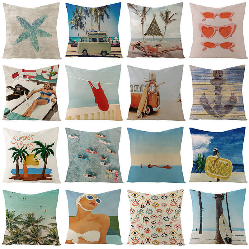 Cojín de lino cubierta 45X45cm verano playa vacaciones funda de almohada decorativo funda de almohadas para Sofa casa Decoración