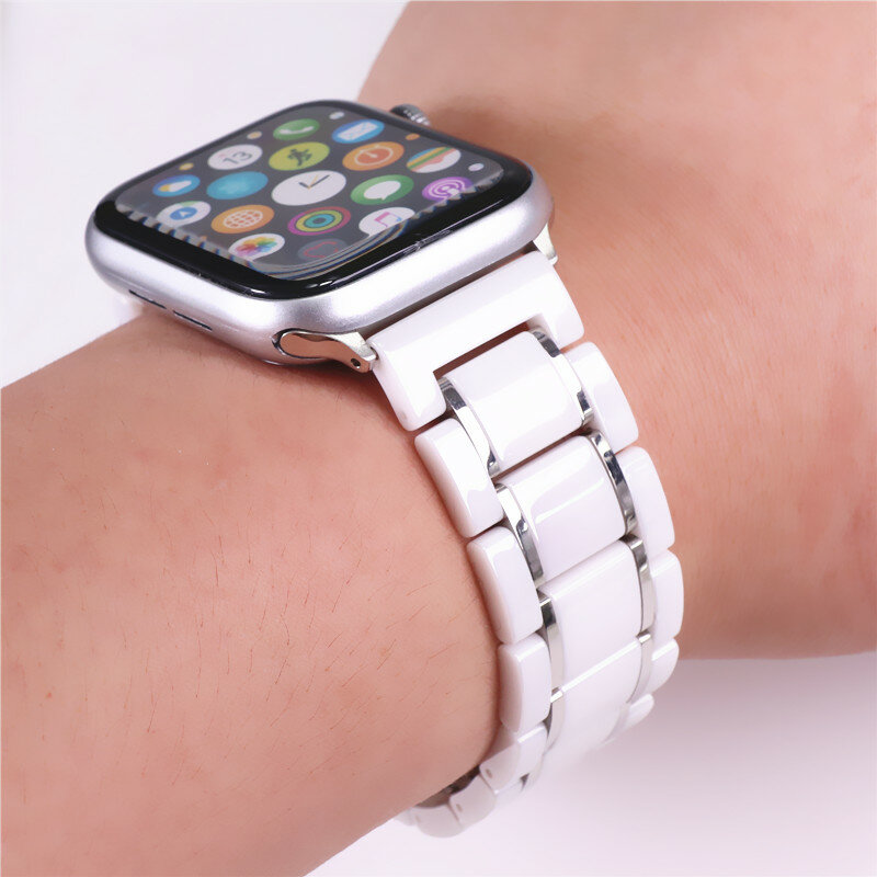 Luxuoso suave banda para apple watch 6 5 44mm 40mm iwatch 7 se 41mm 45mm cerâmica cinta de aço inoxidável pulseira cinto