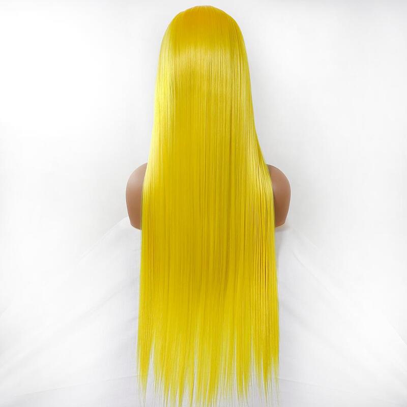 Peluca de cabello sintético liso para mujeres negras, pelo de bebé predespuntado, color amarillo, 180% de densidad, 20-26 pulgadas, largo y sedoso, 13x4
