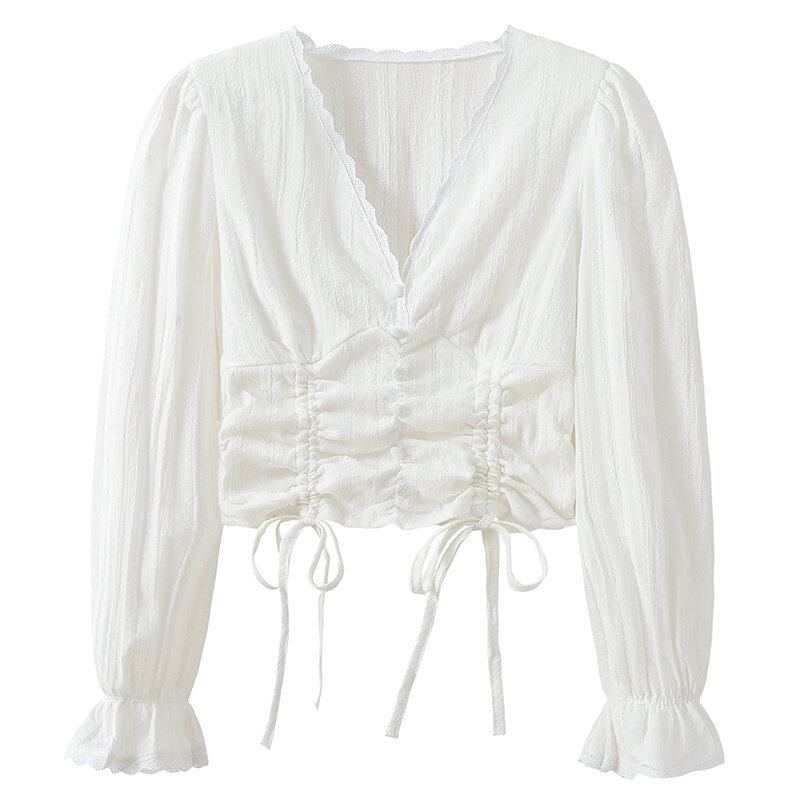Женские блузки и рубашки Hebe & Eos в Корейском стиле с длинным Расклешенным рукавом и V-образным вырезом, шикарные короткие блузки, белые повсед...