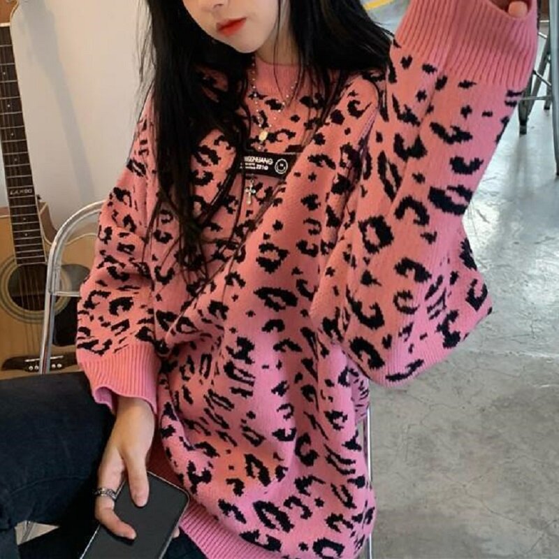 Deeptown Sweter Rajut Wanita Motif Macan Tutul Gaya Korea Streetwear Harajuku Pullover Merah Muda Longgar Jumper Wanita Musim Gugur Musim Dingin