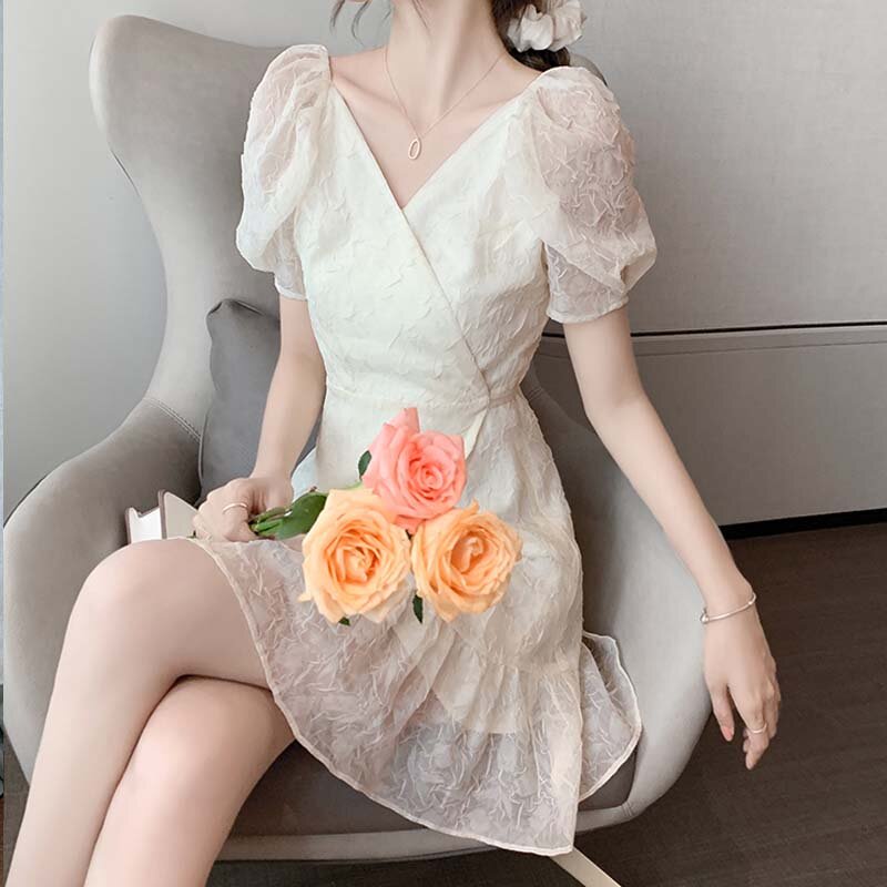 Franse Vintage Elegante Zoete Chiffon Mini Jurk Voor Vrouwen Bladerdeeg Mouw Retro V-hals Jurken Office Lady Casual Dress 2021 Zomer