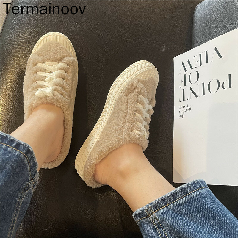 Женские кроссовки Termainoov на меху, большие полутапочки, обувь для отдыха, Белая обувь, теплая обувь с мехом для скейтборда, хлопковая зимняя об...