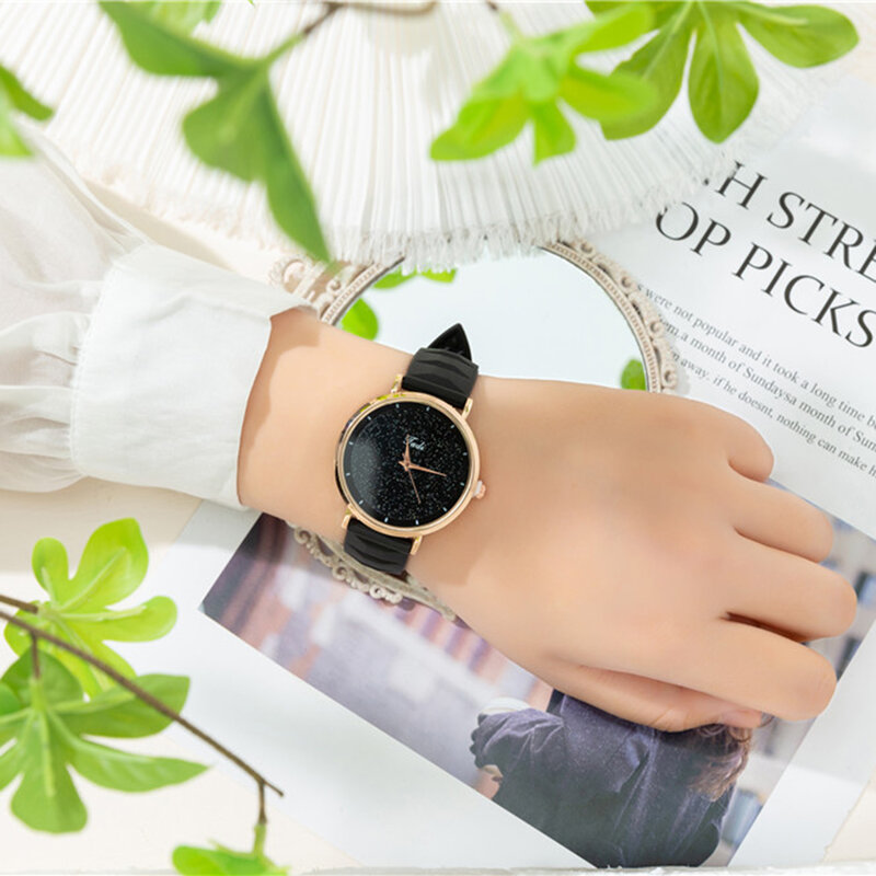 Simples céu estrelado dial design relógios de quartzo feminino minimalista pulseira de silicone preto relógio de pulso moda feminina criativa
