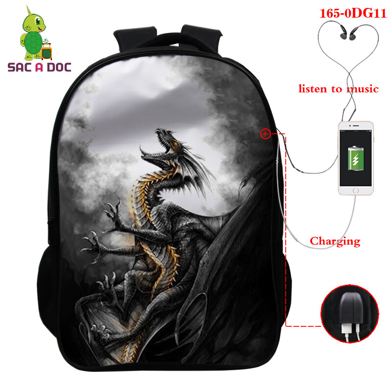 Mochila escolar con estampado de dragón para adolescentes, niñas y niños, morral impermeable con puerto de cargador USB 3d, mochilas escolares