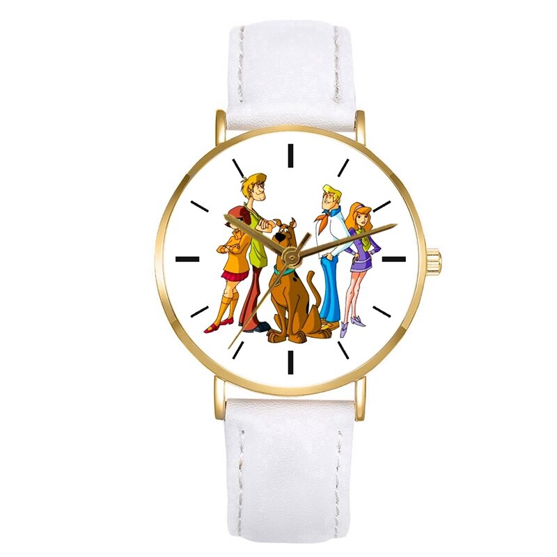 Novo bonito tintin e scooby doo womens relógio de pulso quartzo ouro branco pulseiras de couro moda dos desenhos animados temporizador