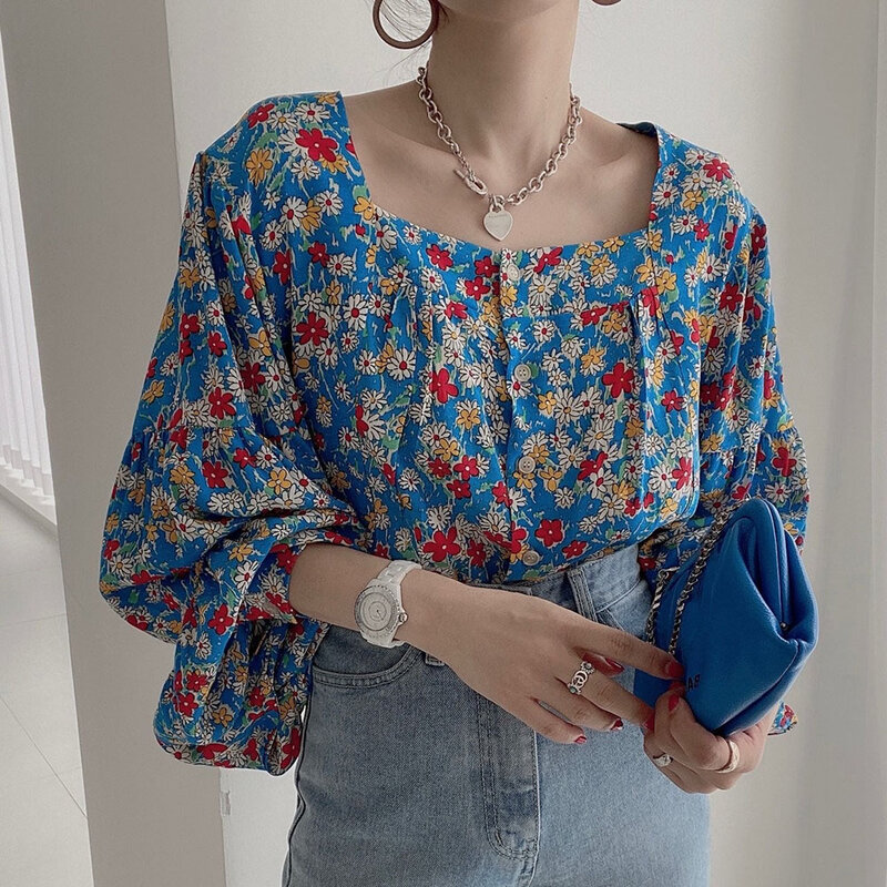 Женская однобортная блузка, Повседневная однотонная блузка с квадратным воротником и длинным рукавом, свободного покроя, в Корейском стиле...