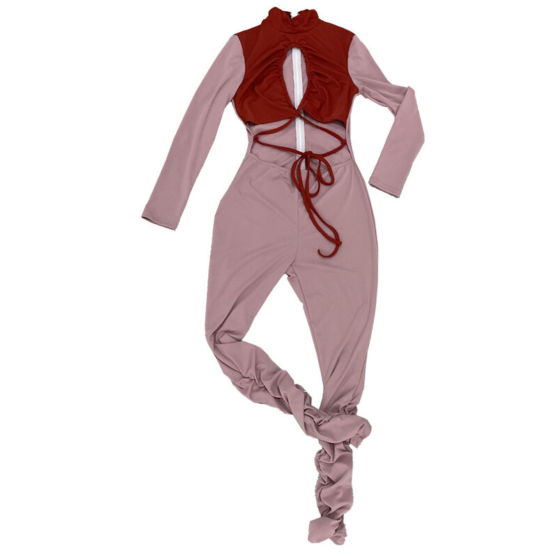 Skinny Patchwork Bandage Jumpsuits Women Sexy Hollow Out Long Sleeve Pleated One Piece Jump Suits Fitness Overalls Streetwear