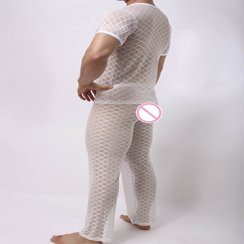 Moda masculina malha argyle sono transparente pijama define sexy musculação curto t camisas e calças compridas