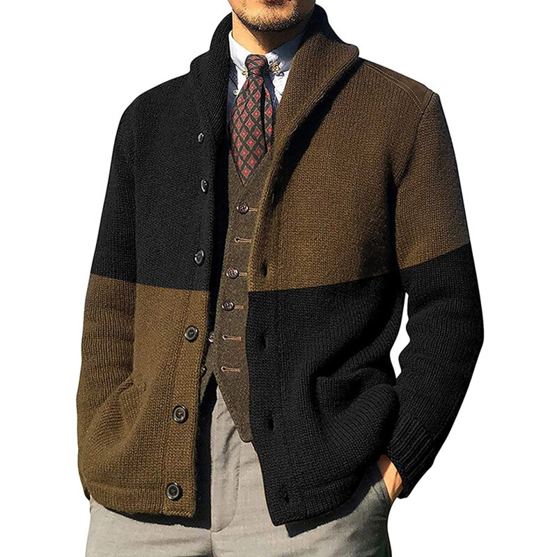 남성 스웨터 카디건 가을 겨울 캐주얼 부드러운 패치 워크 스웨터 컬러 블록 슬림 긴 소매 싱글 브레스트 옷깃 카디건