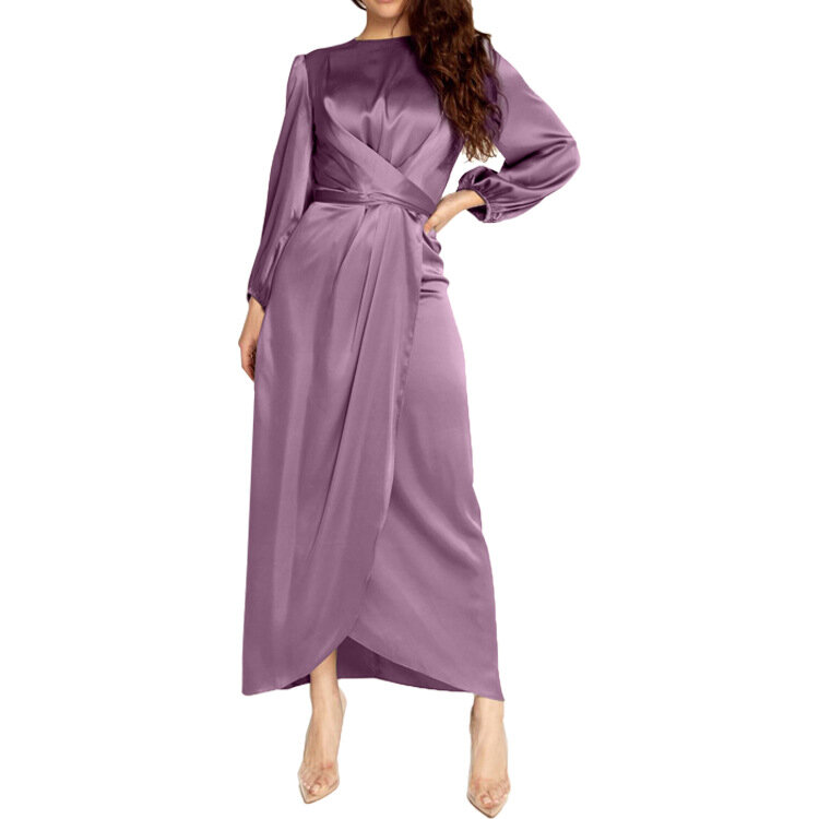 새로운 패션, 간단하고 우아한 새틴 이슬람 긴 드레스, 중동 여성의 가운, 부드러운 허리, 두바이 이슬람 의류