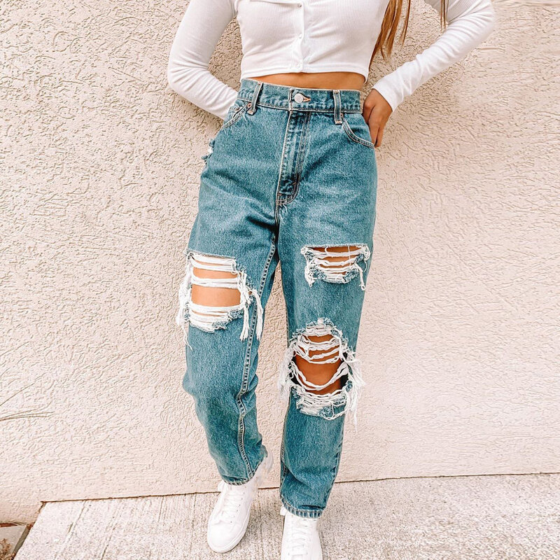 Jeans Wanita Lurus Robek Berongga Baru Celana Fashion Jalanan Ukuran Besar Pacar Ibu Pinggang Tinggi Longgar Punk Biru-40