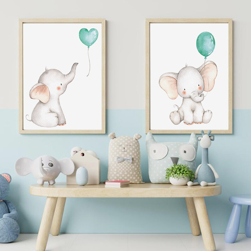 Modern Watercolor Elephant Green Balloon Nursery Posters Childs Canvas Painting Wall Art Print Picture Baby Kids Room Home Decor