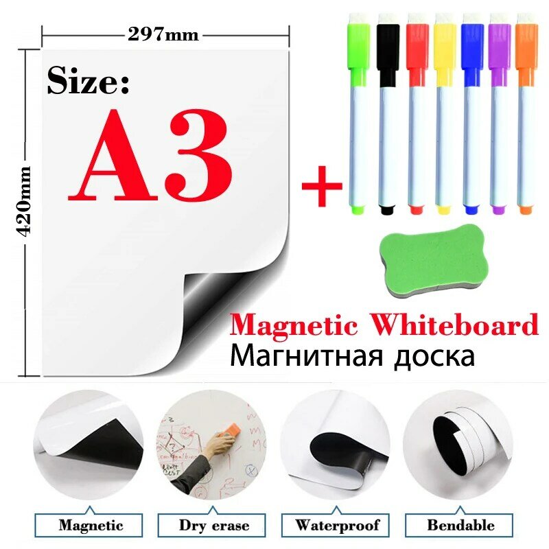 A5 a4 a3 seco limpe o quadro branco magnético do refrigerador, adesivos de geladeira, placa de mensagem de memo apagável, etiquetas da porta da placa de escrita