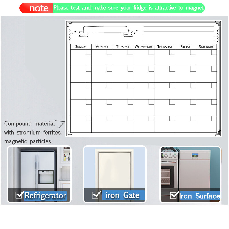 แม่เหล็กรายเดือนตู้เย็นแม่เหล็ก Plan ปฏิทินสติกเกอร์ไวท์บอร์ด Marker Whiteboard Memo กระดาน