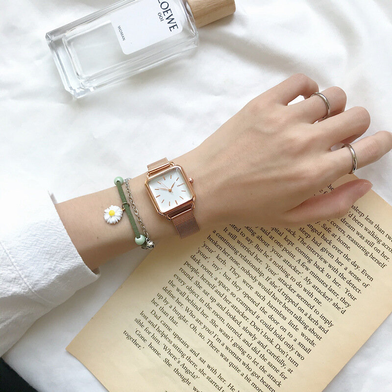 Relojes cuadrados a la moda para mujer, diseño minimalista, relojes de cuarzo para mujer, reloj con correa de malla de acero inoxidable Ulzzang dorado y plateado