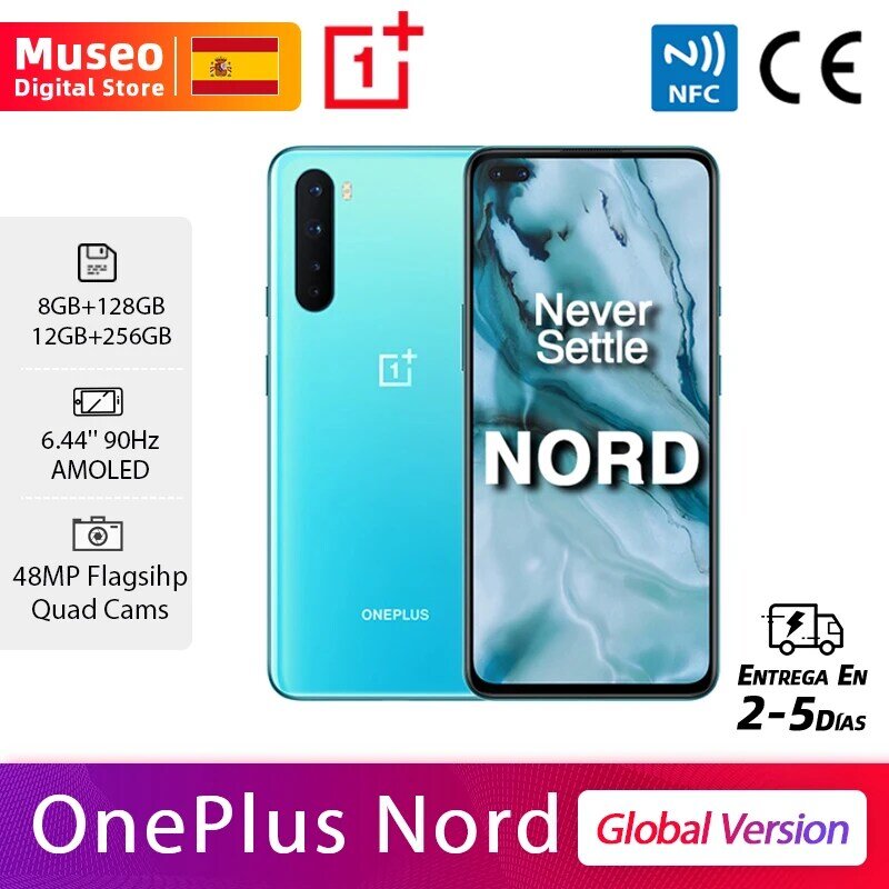 글로벌 버전 OnePlus Nord 5G 스마트 폰 6.44 ''90Hz AMOLED 48MP 쿼드 후면 카메라 32MP 듀얼 프론트 카메라 워프 충전 30T