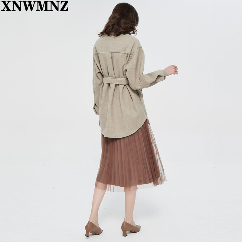 Xnwmnz za casaco feminino de lã solto com cinto, casaco vintage de manga comprida com bolsos laterais, roupa de exterior feminina chique 2020