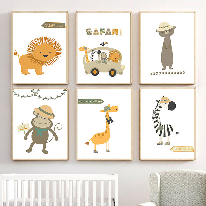 Pintura en lienzo de León, mono, cebra, jirafa, guardería, arte de pared, carteles nórdicos e impresiones, imágenes de pared, decoración de habitación de bebé para niños