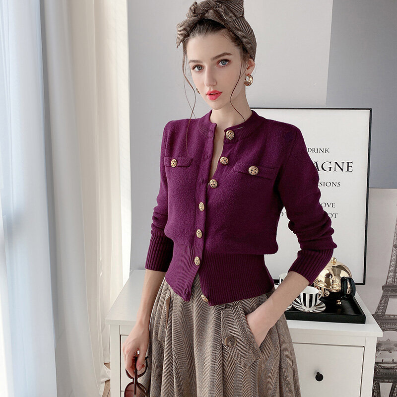 Dabuwawa Elegante Strickjacke Frauen Casual Einreiher Langarm Vintage Solide Pullover Büro Dame Weibliche DT1AKJ004