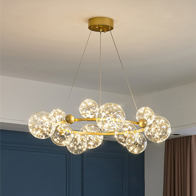 Nordique Led boule de verre lustre avec télécommande longue bague doré salon salle à manger pendentif décoration de la maison éclairage intérieur