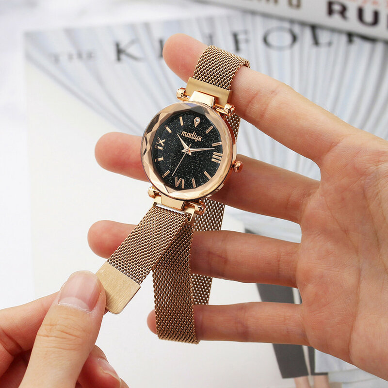 Reloj de pulsera de cristal Cuarzo con cielo estrellado para mujer, cronógrafo plano con hebilla magnética de malla, brazalete con carácter, a la moda