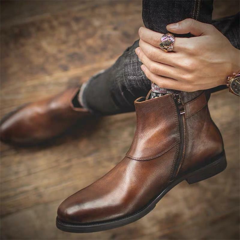 Novos sapatos masculinos feitos à mão de cor sólida pu clássico fivela lateral zíper high-end moda casual all-match vestido ankle boots 3kc717