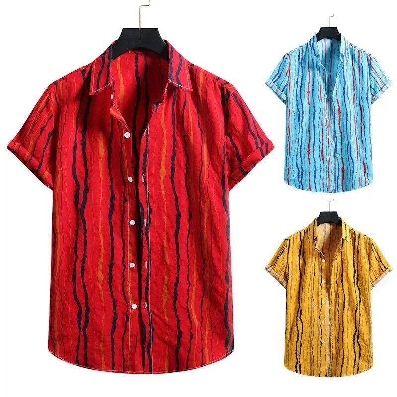 67 # Mannen Mode Katoen Linnen Streep Print Korte Mouwen Button Shirt Blouse Mannen Korte Mouw Tops Losse Mode strand Overhemd