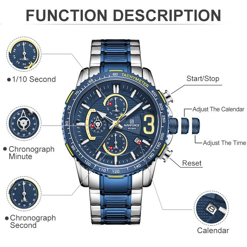 NAVIFORCE หรูหรานาฬิกาควอตซ์ผู้ชาย Chronograph Sport กันน้ำนาฬิกาทหารแฟชั่นสแตนเลสนาฬิกาข้อมือนาฬิกา