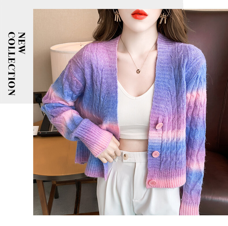 Listrado 2022 outono inverno nova camisola com decote em v jaqueta cardigan monobreasted de manga comprida de malha arco-íris moda suéter 0b