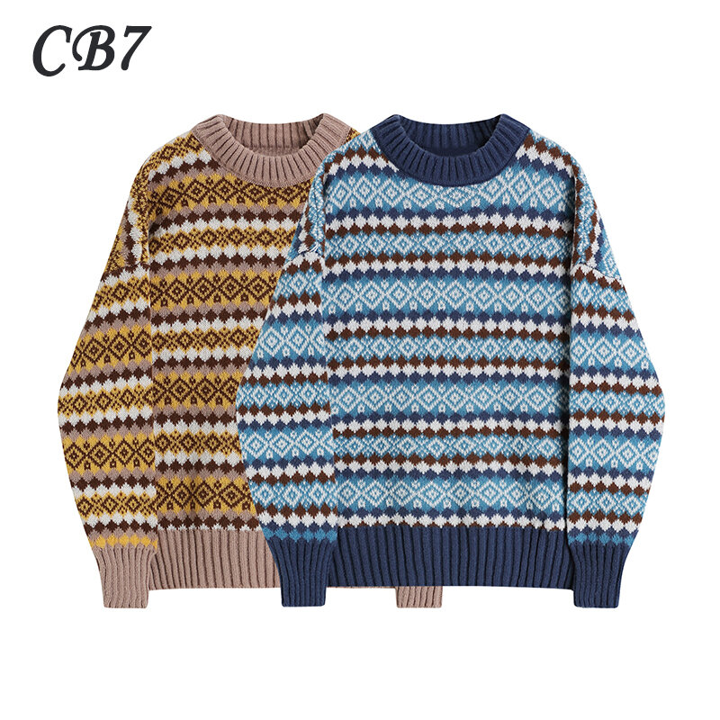 2021 Women Striped Color Matching Sweater Knit Pullover Casual Vintage Fashion Loose O-Neck Warm Thickened Knitwear Top