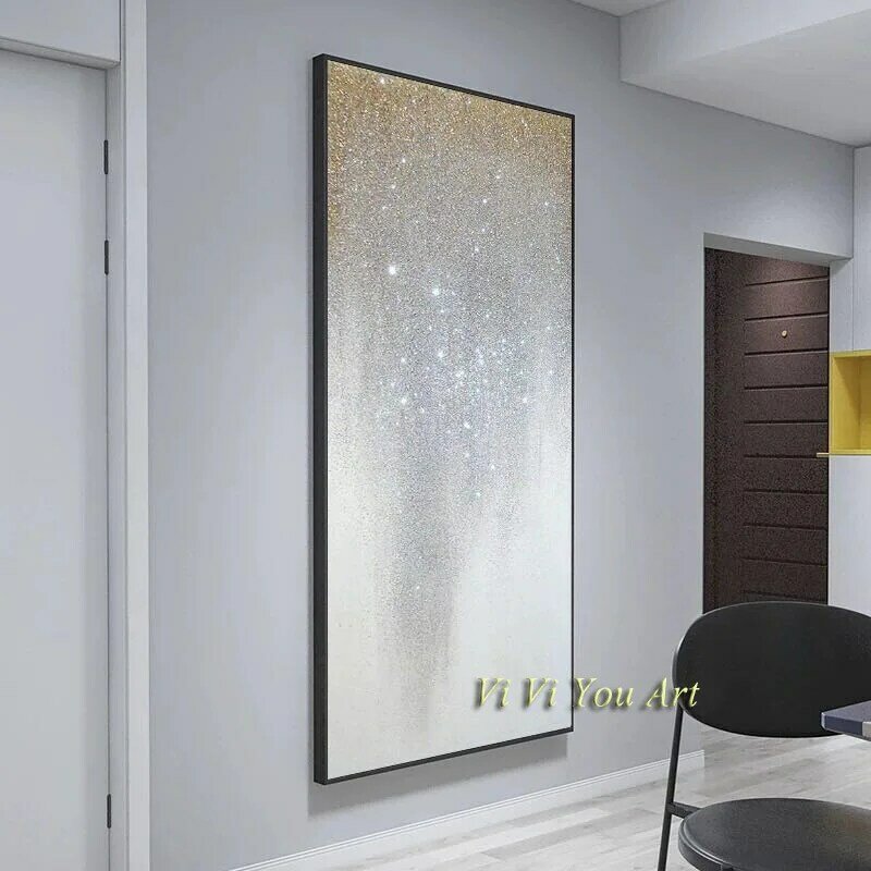 Pintura abstrata de prata em pontos, poster cinza, 100% pintado à mão, imagem moderna de parede para sala de estar, arte enorme de parede