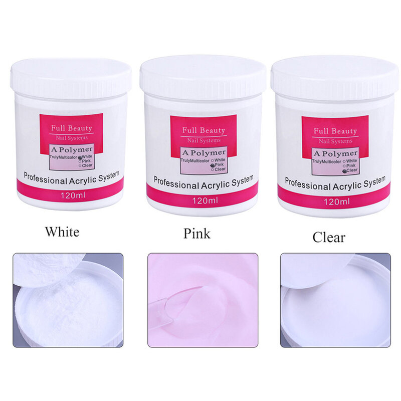 Polvo acrílico blanco, rosa, cristal de cristal, polímero 3D, para manicura artística, 1 unidad, 120g