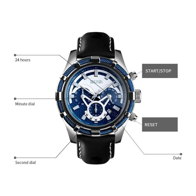 Skmei relógio esportivo masculino de marca luxuosa 9189, relógio impermeável de quartzo com pulseira de couro com 3bar, relógio impermeável de marca superior para esporte