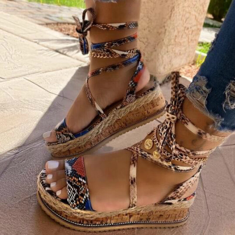 Sandales en serpent à talons plateformes pour femmes, chevilles lacées croisées, peep toes, mode, fête sur la plage, chaussures de filles, été 2020