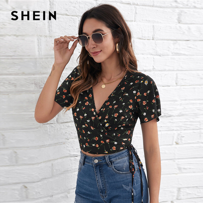 Shein ditsy laço floral lado colheita topo blusa feminina verão envoltório  v pescoço manga curta fino ajuste boêmio topos e blusas / Camisas e blusas