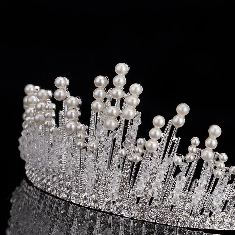 Kolor srebrny z koralikami perłami Rhinestone tiary i korony opaski dla kobiet akcesoria do włosów dla panny młodej Princess diadema