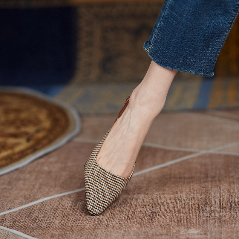 Sandal Wanita 22-24.5Cm Sepatu Kain Houndstooth Retro Sepatu Musim Panas Sepatu Muller Sandal Hak Bulat untuk Wanita Hak Tinggi