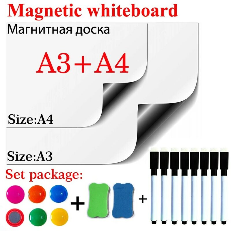 Adesivo de geladeira tamanho a3 + a4, placa branca apagável e seco magnético, presente 8, caneta preta 2, 6 calças