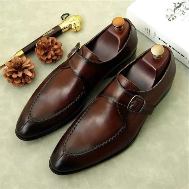 Vestido retro menck sapatos masculinos feitos à mão plutônio brock fivela negócios clássico tendência casual britânico monge sapatos masculinos zq0113