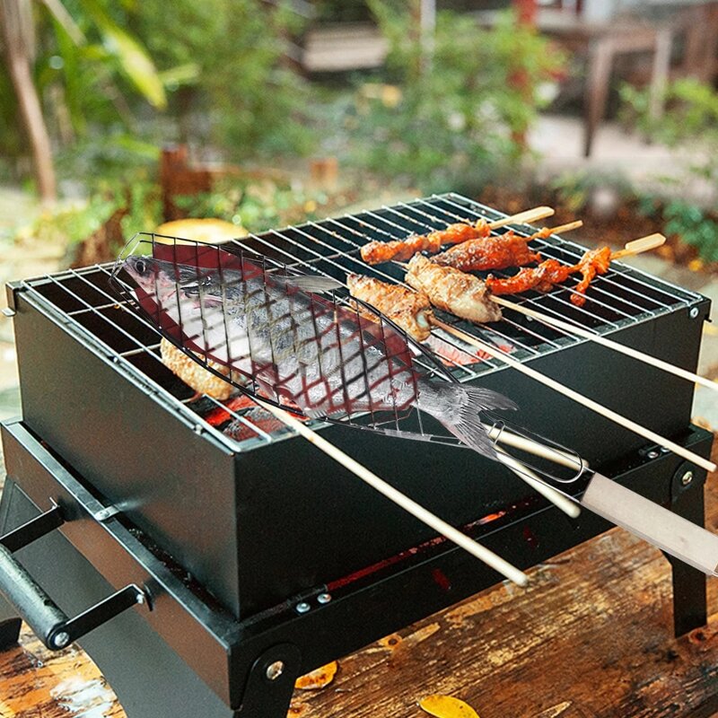 Cestello per grigliare il pesce antiaderente portatile con manico carne di pollo Bbq Mesh Clip strumento per Barbecue fai da te accessori da campeggio all'aperto