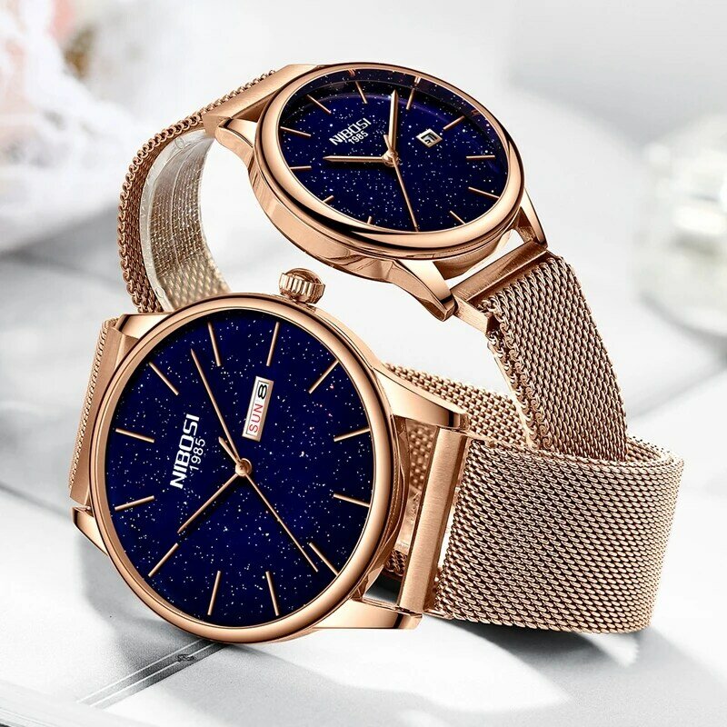 Nibosiカップルの腕時計2019メンズ腕時計スタースカイ高級クォーツ時計女性時計レディースドレス腕時計ファッション愛好家