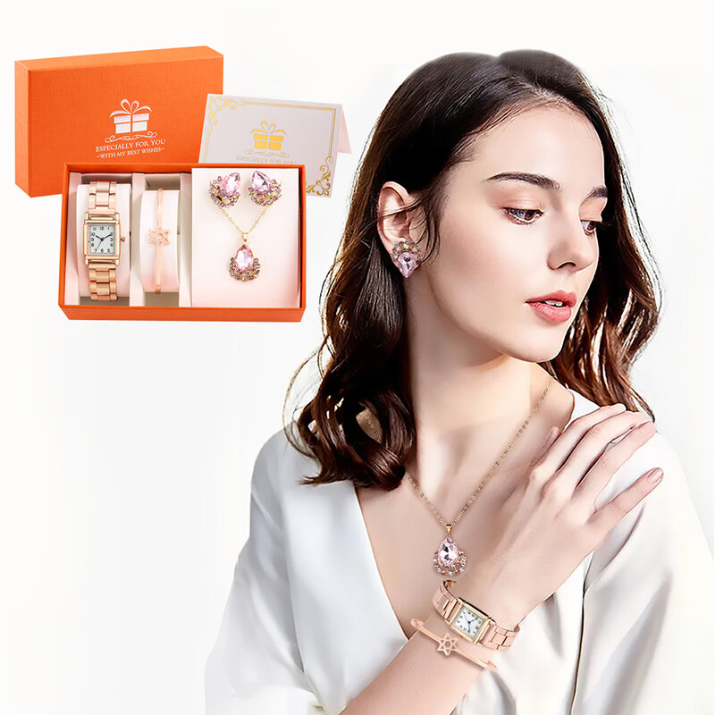 Feminino luxo presente moda quadrado quartzo relógios em forma de gota colar brinco cinco pontas estrela pulseira conjunto senhoras relógio de pulso