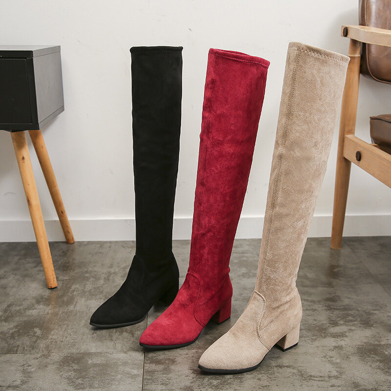 Botas altas hasta el muslo para mujer, zapatos por encima de la rodilla, tacones altos sexys, de piel roja y cálida, color negro, invierno, 2021