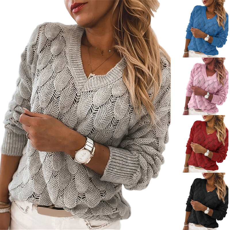 Suéter informal de punto liso con cuello en V para mujer, Jersey holgado de manga larga, moda femenina, gran oferta, Otoño e Invierno