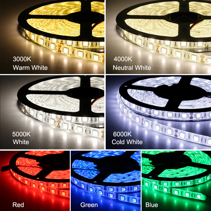 Cinta de luz LED Flexible, resistente al agua, RGB, 5050 DC12V, 60LED/m, blanco cálido, azul, verde, rojo, 5 m/lote