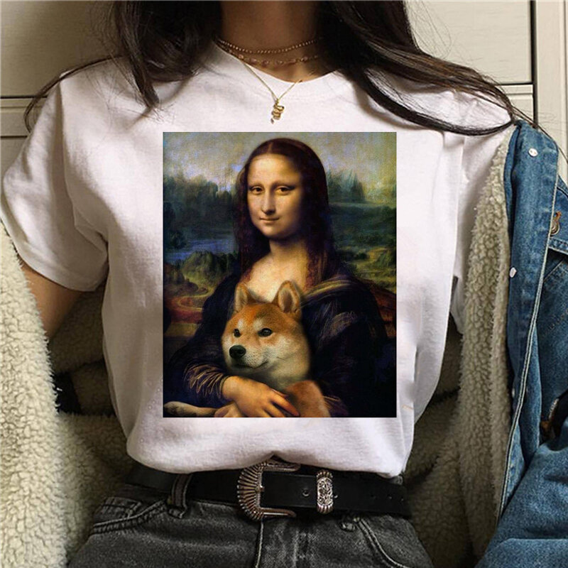 Mona Lisa śmieszne Harajuku koszulki z krótkim rękawem kobiety ulzzang w stylu Vintage Grunge estetyczne koszulka koreański styl Cartoon Tshirt, 90 s, Top Tees kobiet