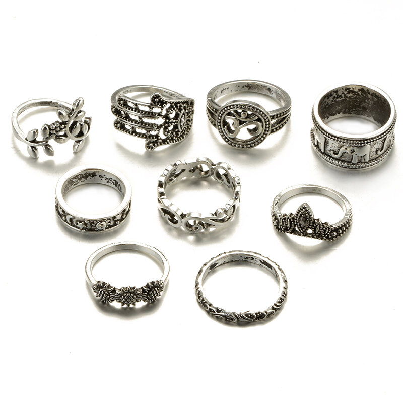 9 peças/set de anel conjunto senhoras estilo punk elefante flor oco prata vintage junta anel jóias presentes atacado