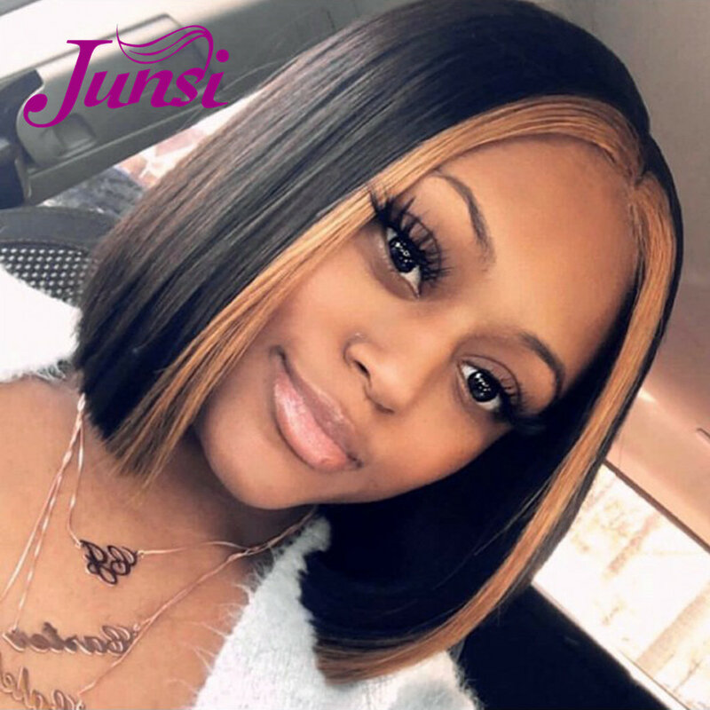 JUNSI HAIR Short Straight Bob Hairline Lace Wig for Women Synthetic Heat Resistant Natural Cosplay Hair