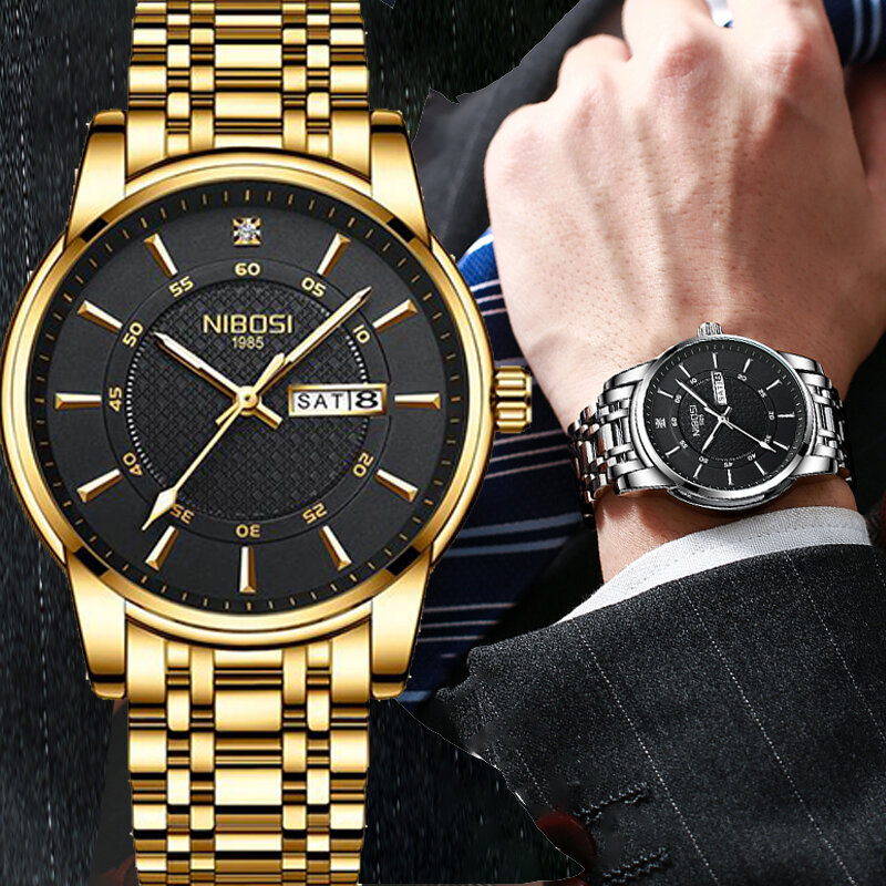 NIBOSI แฟชั่นธุรกิจนาฬิกาควอตซ์ผู้ชายกันน้ำ Retro นาฬิกาชายนาฬิกาบรรยากาศสแตนเลสนาฬิกาข้อมือ
